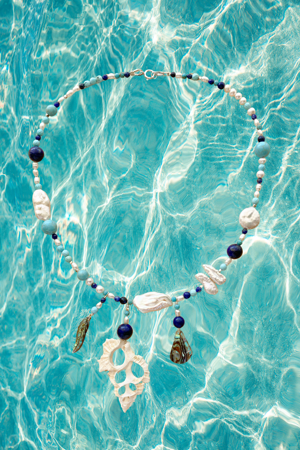 White Slice Shell, Pearl, Paua, Turquoise & Lapis Necklace - STERLING SILVER