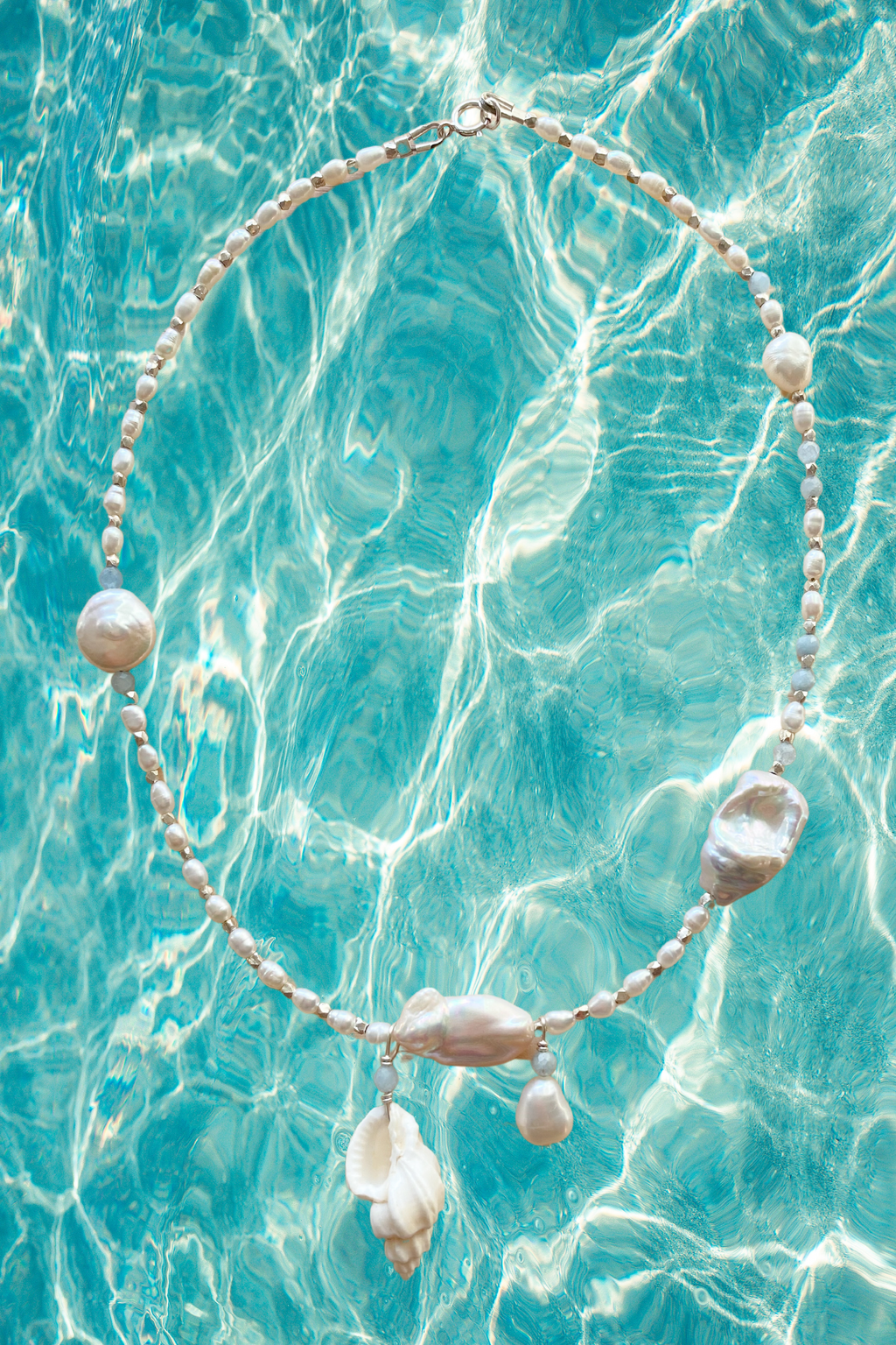 Pearl, Aquamarine & Cone Shell Necklace - STERLING SILVER