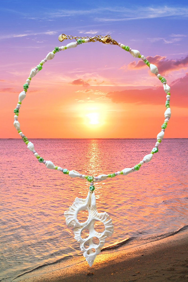 White Sliced Shell, Amazonite, Flower Pearl Necklace - GOLD STAINLESS