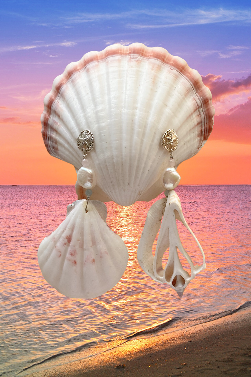 Castaway Sand Dollar, Aquamarine & Rose Quartz Pearl earrings - STERLING SILVER