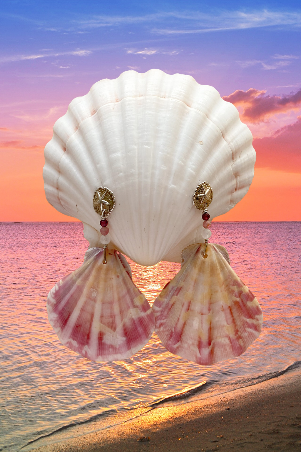 Castaway Sand Dollar Garnet, Pink Tourmaline & Rose quartz Pearl earrings - STERLING SILVER