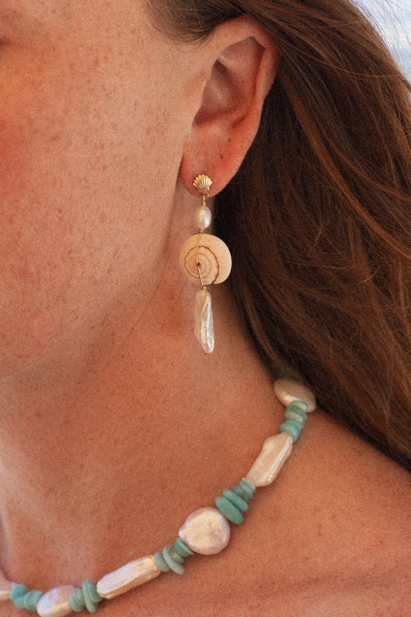 Spiral Shell Scallop and Pearl Earrings - GOLD FILL