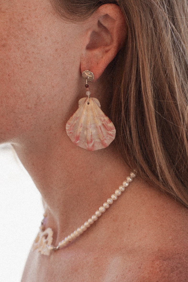 Castaway Sand Dollar Garnet, Pink Tourmaline & Rose quartz Pearl earrings - STERLING SILVER