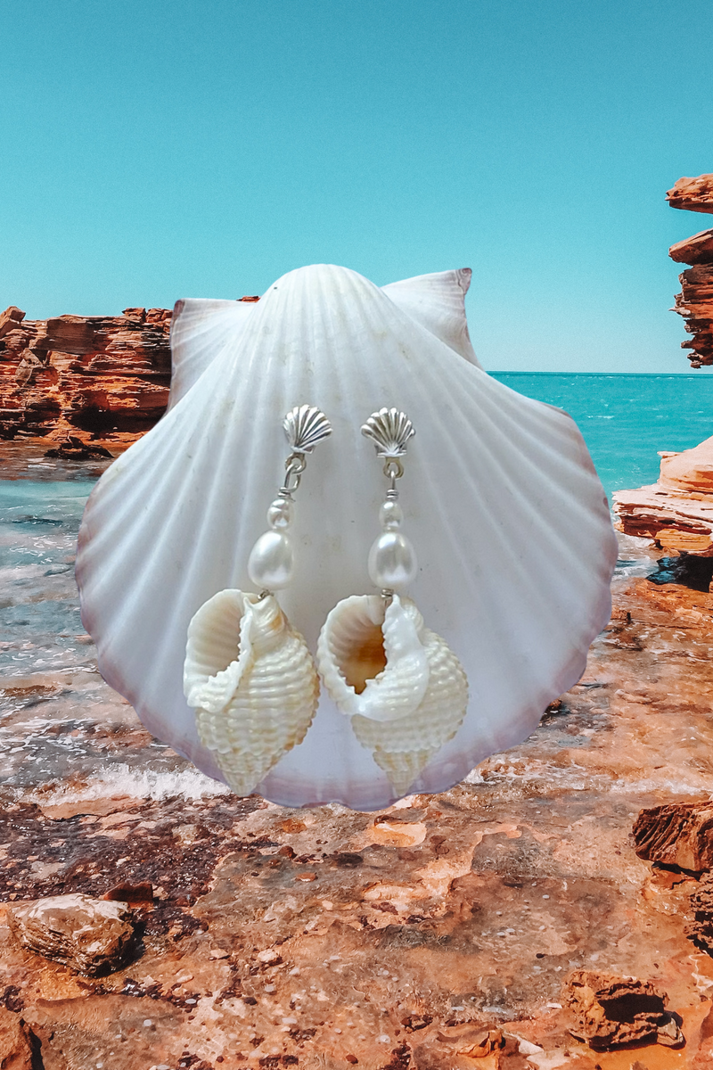 White Cone Shell Scallop and Pearl Earrings - STERLING SILVER